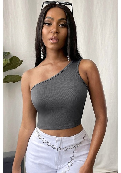 Moda Dua Kadın Koyu Gri Tek Omuz Crop Büstiyer