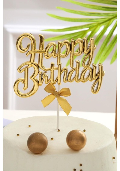 Gold Renk Happy Birthday Yazılı Pasta Süsü Tüm Yaşlar