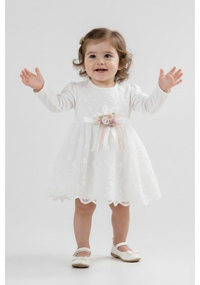 Mnk Baby & Kids Kız Bebek Kurdelalı Çiçekli Dantel Elbise M00768 ekru