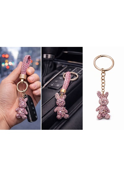 Lüks Taşlı Tavşan Figürlü Anahtarlık Pembe Kristal Taşlı Çanta & Oto Aksesuarı