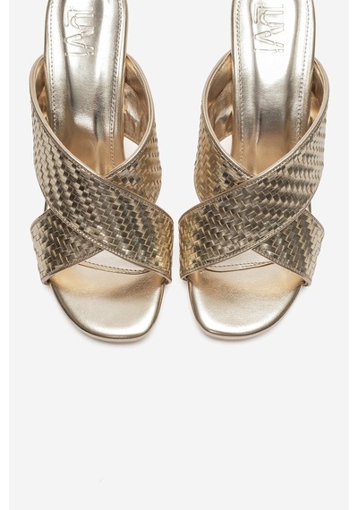 Luvi Shoes Lavean Altın Örgü Çapraz Bantlı Kadın Dolgu Topuklu Terlik