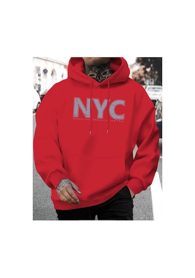 Herkesemoda Nyc Baskı Detaylı Kapüşonlu Sweatshırt Kırmızı