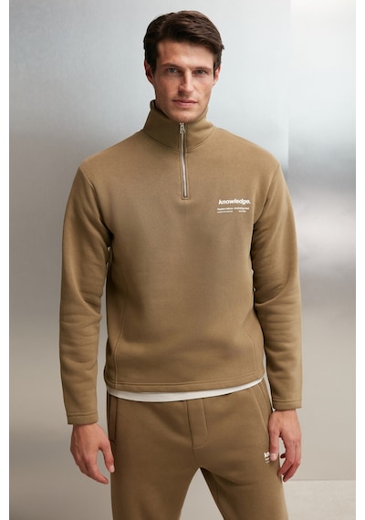 Grimelange Halden  Erkek Içi Polarlı Dik Yaka Yarım Fermuarlı Baskı Detaylı Regular Haki Sweatshirt