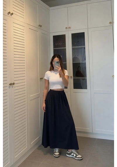 Kadın Lacivert Poplin Kumaş Uzun Etek Beli Lastikli Günlük Maxi Etek 90 Cm