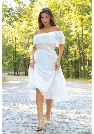 Neşeli Butik Kadın Bağlama Detaylı Madonna Yaka Yeni Sezon Şifon Elbise Nb8060 Beyaz