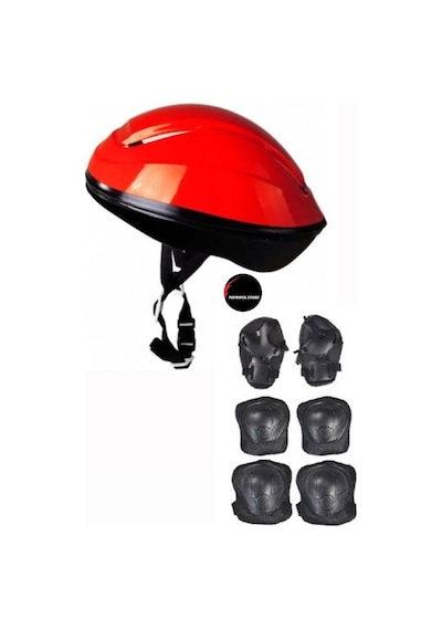 Çocuk Kask Dizlik Dirseklik Ellik Set 7 Parça Scooter Bisiklet Paten Kaykay Koruyucu Set Kırmızı