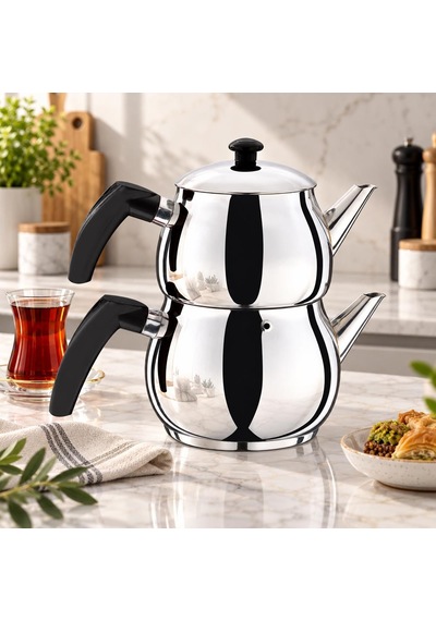 Serenk Excellence Mini Boy Çelik Çaydanlık 0,75 L Demlik, 1,5 L Suluk Gümüş - Siyah