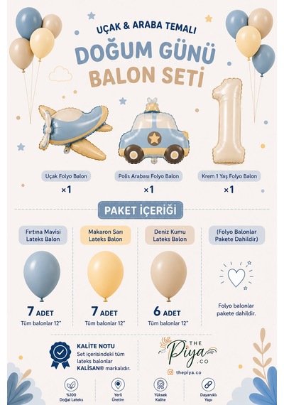 Uçak & Polis Arabası Temalı Doğum Günü Balon Seti 38 Parça Soft Renkler