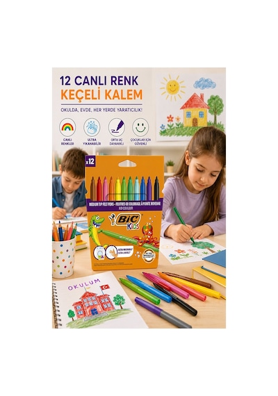 Keçeli Kalem 12 Renk 1 Paket Bic Kid Couleur 12 Li Keçeli Kalem Canlı Renkler Yıkanabilir Kaliteli Okul Öğrenci