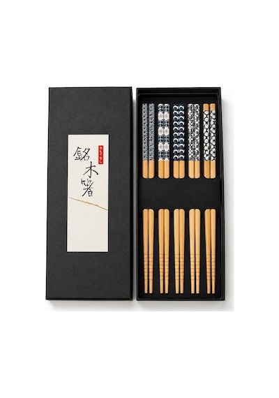 Valkyrie 5 Çift Doğal Ahşap Yemek Çubuğu Seti Japon Desenli Kaymaz Uçlu Kutulu 22,5cm Chopstick Seti
