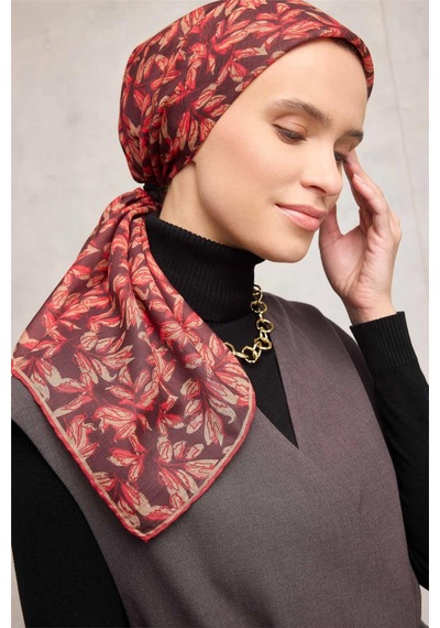 Silk Home Pamuk Polyester Soft Eşarp Kahverengi Çiçek Desenli Kaymaz Dokulu 90x90 Çok Renkli