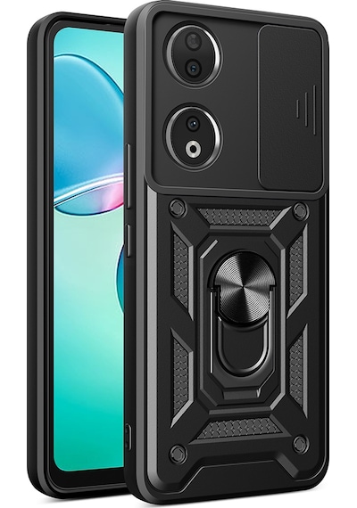 Teknomoda Honor 90 Kılıf Yüzüklü Standlı Sürgülü Kamera Korumalı Tank Sert Silikon Kapak Siyah