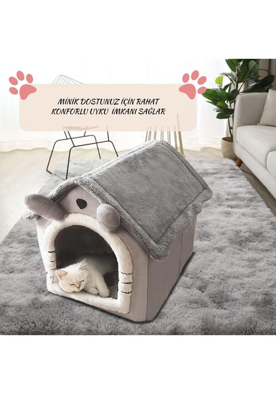 Yumuşak Peluş Kedi&köpek Evi Kapalı Kulübe Tasarım Sıcak,yıkanabilir Minderli Evcil Yatak
