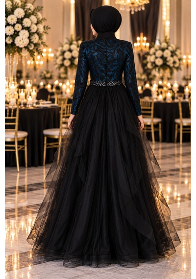 Gül&can Butik Tesettür Abiye Üstü Pullu Etek Kismi Tüllü Abiye Siyah
