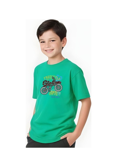Fyk Kids Erkek Çocuk Yuvarlak Yaka Bisiklet 52 Erkek Baskılı T-shirt Yeşil