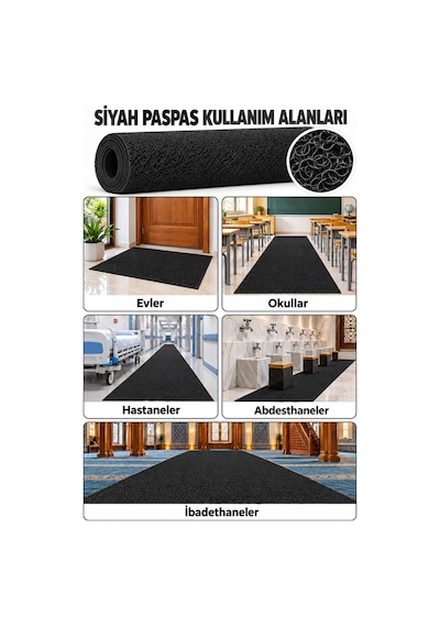 Hortumtech Kıvırcık Paspas Kir Tutucu Pvc Kapı Önü İç Dış Mekan Eko 12 Mm - Siyah 100 X 500 Cm