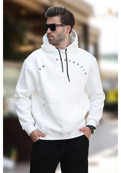 Madmext Ekru Kapüşonlu Cep Detaylı Nakışlı Erkek Sweatshirt 7054-ekru Ekru