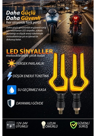 Motosiklet U Model Led Sinyal Lambası Universal Kayan Sinyal Sarı Işık