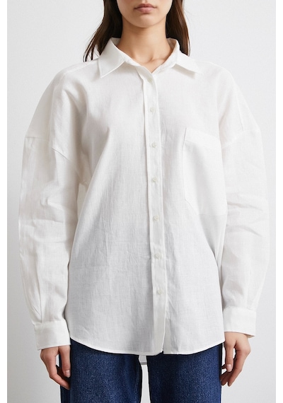 Never More Cepli Oversize Keten Gömlek Ekru Ekru