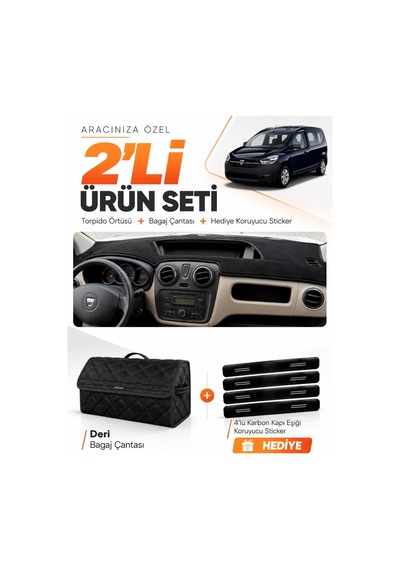 E-biz Dacia Dokker 2012-2020 Uyumlu Torpido Örtüsü + Deri Bagaj Çantası Seti - Siyah - Da010