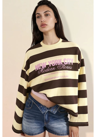 Hiccup %100 Pamuk Oversize Çizgili Sweatshirt Kahverengi