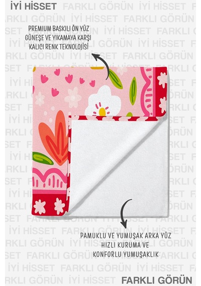Çiçek Temalı Pembe Plaj Havlusu - Romantik Bohem Kırmızı Kenarlı Hızlı Kuruyan Mikrofiber Havlu Donuk Kanyon