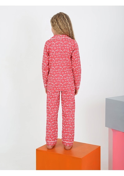 Düğmeli Kız Uzun Kollu 'hoho' Model Pijama Takımı Fuşya