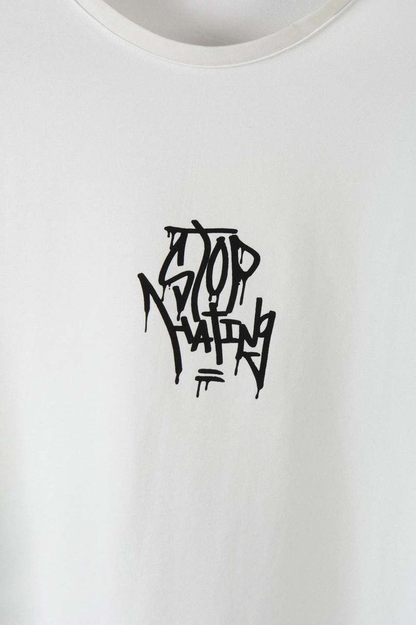 Veaven Unisex Beyaz Bisiklet Yaka Önü Arkası Stop Hating Baskılı Oversize T-shirt Beyaz1