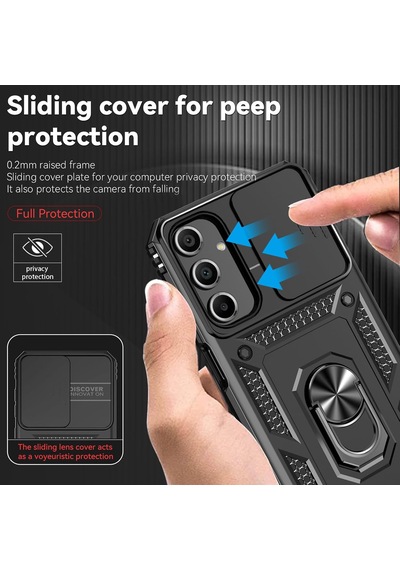 Samsung Galaxy A16 Uyumlu Kamera Sürgülü Tank Kılıf Ve Temperli Cam Ekran Koruyucu Set Siyah