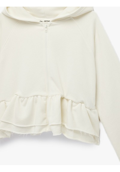 Koton Pamuklu Uzun Kollu Kapüşonlu Volanlı Fermuarlı Sweatshirt Ekru 6sal10331ık Ekru