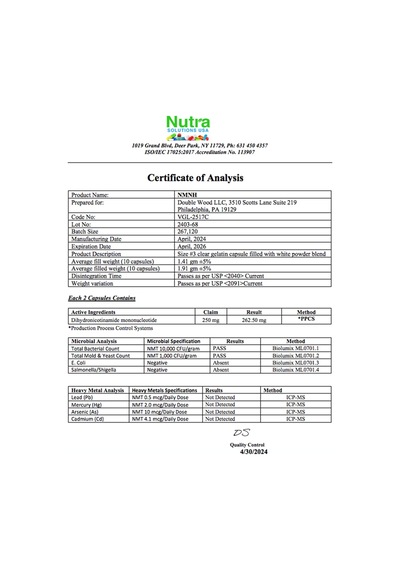 Double Wood Nmnh Nmn Supplement Alternative 250mg 60 Capsu...