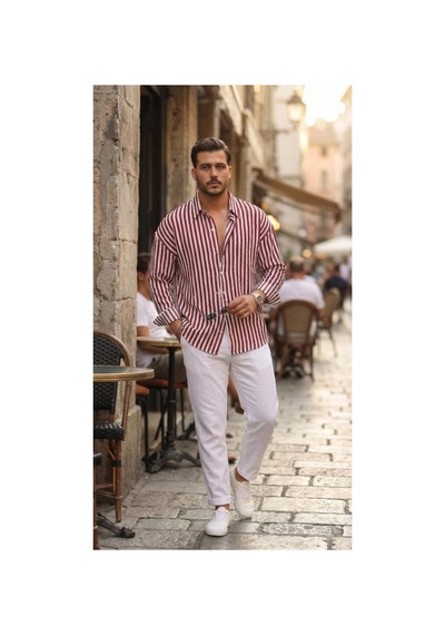 Butik İstanbul Erkek Dikey Çizgili Yarım Oversize Gömlek Bord