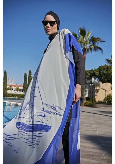Remsa Tesettür Mayo Üzerine Tasarım Tek Kaftan Pareo Rdp003 Yelkenli Mavi
