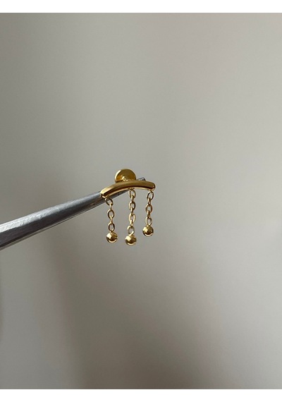 316 L Cerrahi Gold Renk Çelik Toplu Zincir Detaylı Sallantılı Kıkırdak Piercingi Kırmızı