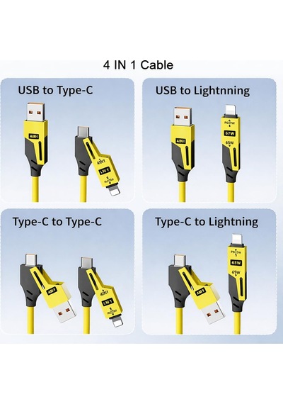 4 Ü 1 Arada 65w Yaylı Hızlı Şarj Kablosu Type-c & Lightning Pd Destekli, Dolaşmaz Spiral Ta Standart