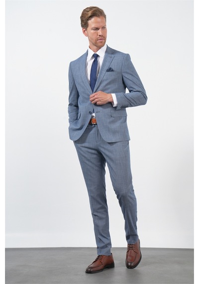 İmza Lacivert-beyaz Mono Yaka 6 Drop Slim Fit Tam Astar Esnek Takım Elbise 1001260172 Lacivert - Beyaz