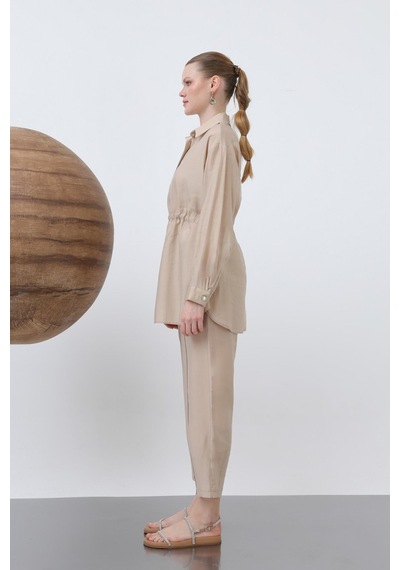 Loreen 20610 Kadın Beli Büzgülü Gizli Patlı Pantolonlu Takım Beige