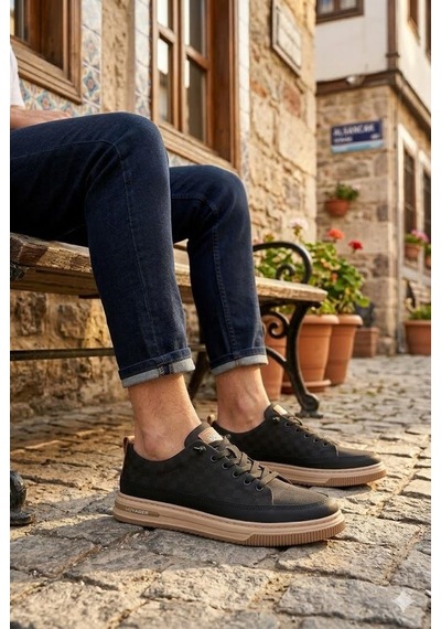 Pepita E385 Rahat Hafif Keten Özel Tasarım Spor Sneaker Erkek Ayakkabı Siyah