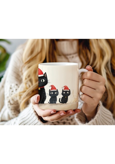 Yeni Yıl Temalı Siyah Kedi Desenli Kupa Bardak Noel Şapkalı Kediler Tasarımı - Yılbaşı Hediye Beyaz