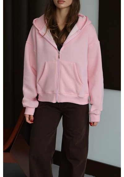 Balenbi Kadın 3 İplik İçi Polarlı Kapüşonlu Oversize Sweat Hırka 1110 Pembe