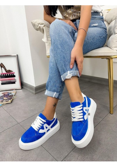 Erva'nın Butiği Mavi Beyaz Tig Kadın Bağcıklı Sneakers-4892 Mavi Beyaz Süet