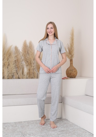SUDE HOMEWEAR Gri Renk Biyeli Pamuklu Uzun Kol Pijama Takımı Gri