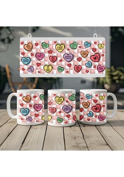 3d Görünümlü Kalpli Ve Kareli Kupa Bardak Romantik Pembe Tasarım Kabartmasız Beyaz