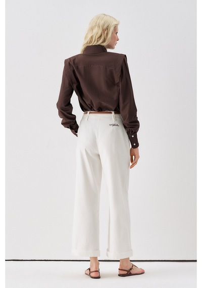 Sagaza Studio Ss6153 Kemerli Cep Detaylı Bol Pantolon Ekru