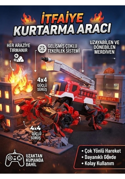 TıfılToys Uzaktan Kumandalı Şarjlı Akrobasi Tekerlekli-hareketli Merdivenli Off-road İtfaiye Aracı 30 Cm Kırmızı