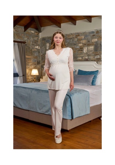 Angbutik Aqua 26305 Dantel Detaylı Lohusa Pijama Takımı Krem