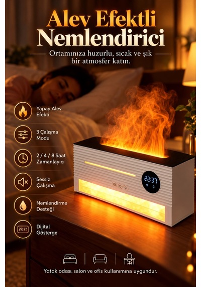 Castu Ls17 Alev Efektli Hava Nemlendirici Aroma Difüzör Dijital Saatli Alarm Ve Kumandalı 260ml