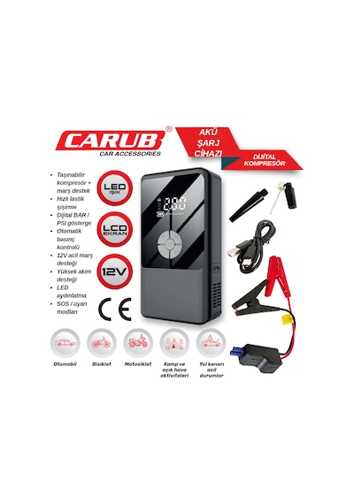 Carub 0470350 Akü Takviye Cihazı Ve Dijital Taşınabilir Hava Kompresörü 12v Akü Takviyeli Led Işıklı
