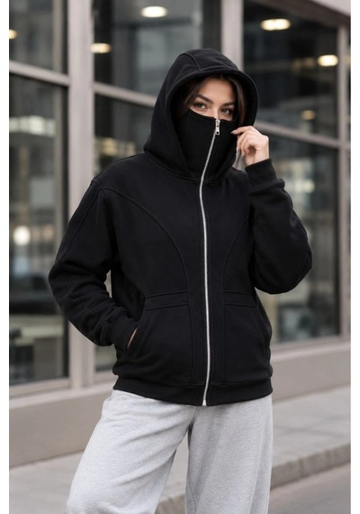 Kadın Maskeli Ninja Model Çift Kapüşonlu 3 İplik Şardonlu Fermuarlı Oversize Sweatshirt - Siyah