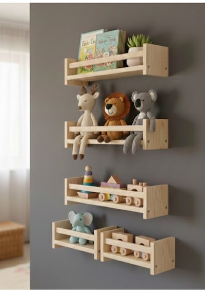 Ahşap Çocuk Odası Montessori Raf Kitaplık 4 Lü Set - Duvara Monte Oyuncak Rafı 100x40 Cm Bej